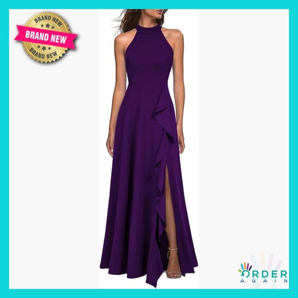High Neck Sleeveless Maxi Dress Sexy Split A-Line Formal Evening Party Wear